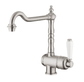 KVR RETRO KEUKENKRAAN V 1920 EENGREEPSMENGKRAAN NICKEL MAT  + GEKLEURDE WITTE HENDEL
