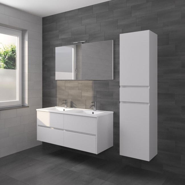 RIHO PORTO MEUBEL 120CM WIT HOOGGLANS + PORCEL. LAVABO + SPIEGEL + 1LICHT( 4 LADEN)