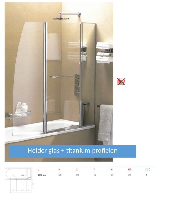 INDA BADSCHERM MET 2 PANELEN & VAST ELEMENT RECHTS SCHARN. HELDER GLAS MET CHROOM PROFIELEN
