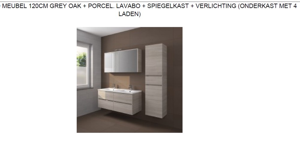 RIHO PORTO MEUBEL 120CM GREY OAK + PORCEL. LAVABO + SPIEGELKAST + VERLICHTING (ONDERKAST MET 4 LADEN)