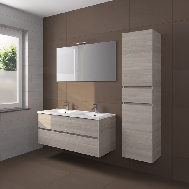 RIHO PORTO MEUBEL 120CM GREY OAK + PORCEL. LAVABO + SPIEGEL + VERLICHTING (ONDERKAST MET 4 LADEN)