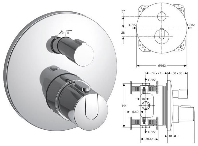 IDEAL STANDARD INBOUWTHERMOSTAAT OPBOUWDEEL MET STOP EN OMSTELLINGCHR.