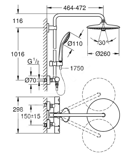 GROHE EUPHORIA SHOWERPIPE 260 * THERMOST CHR  handd 3str regelbaar