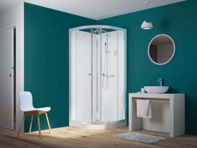 KINEDO EDEN DOUCHECABINE HALFROND 90 X 90 MET SCHUIFDEUR HOOGTE 212 CM MET REGENDOUCHE 214 CM