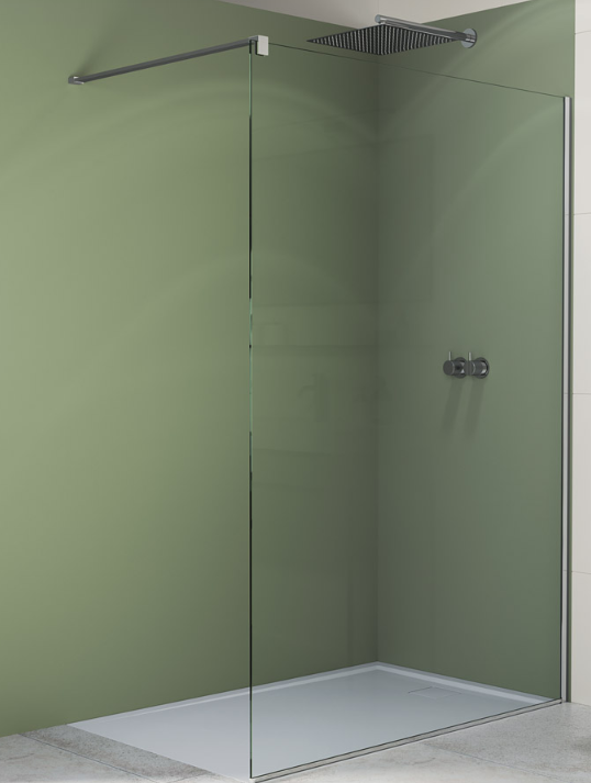 SONJA SWISS WALK-IN  BR. 1400 138.5-140.5 cm  H2m TR. GLAS  ZILVER HOOGGLANS 8MM +MUURSTEUN 120cm