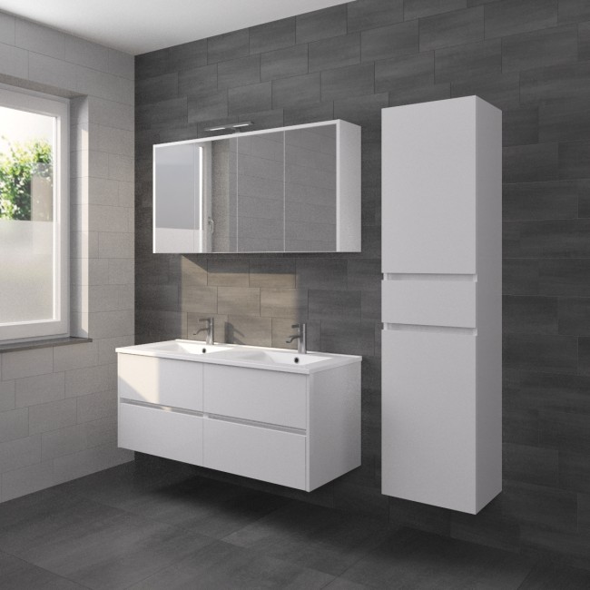 RIHO PORTO MEUBEL 120CM WIT HOOGGLANS + PORCEL. LAVABO + SPIEGELKAST + VERLICHTING (ONDERKAST MET 4 LADEN)