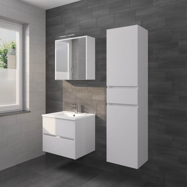 RIHO PORTO MEUBEL 60CM WIT HOOGGLANS + PORCEL. LAVABO + SPIEGELKAST + VERLICHTING