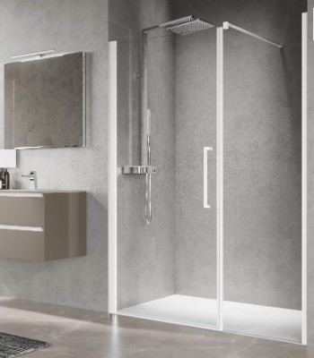 NOVELLINI YOUNG DRAAIDEUR + VASTE WAND IN LIJN 103-107 H 200CM/ UITV. TRANSP. GLAS + ZWART PROFIEL OMKEERBAAR