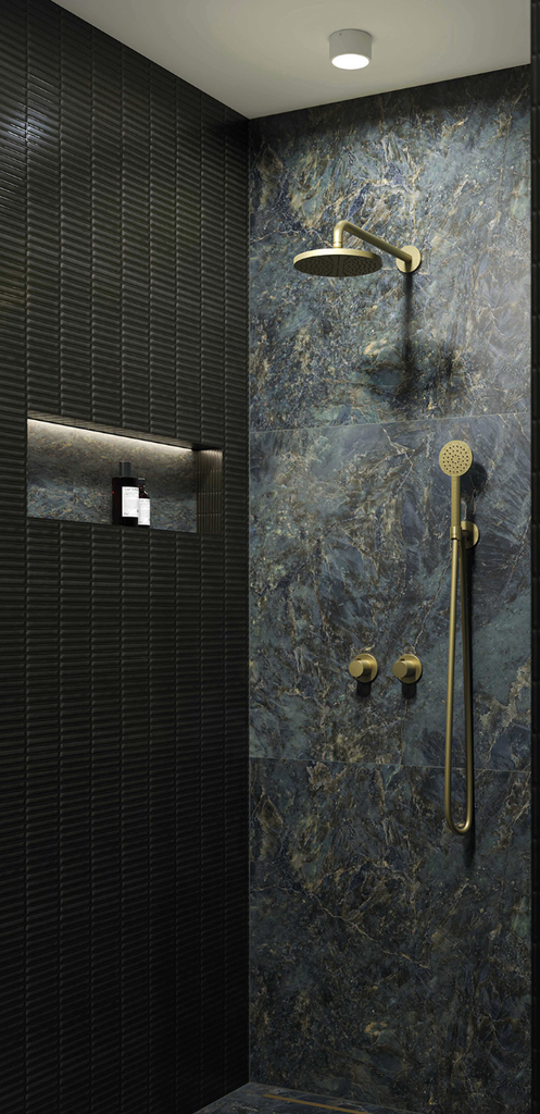 INK IVY  DOUCHECOMBISET PACK 3 MET HANDDOUCHE 3 STANDEN EN HOOFDDOUCHE DIAM 20 SLIM UITV MAT GOUD