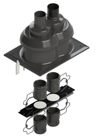 RLX DUBBELE SCHOORSTEENOPSTAND VOOR UV FLEX 80MM ZWART (met koppelstukken onder/boven)