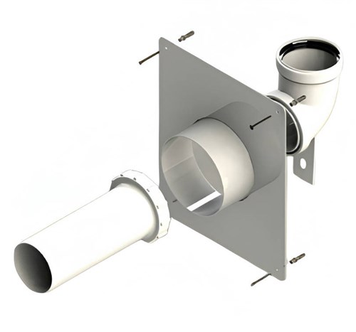 RLX MUURPLAAT MET KORTE BOCHT MET MUURSTEUN 87° KORT 80MM MET VERLOOP NAAR 60MM EN AFWERKINGSPLAAT