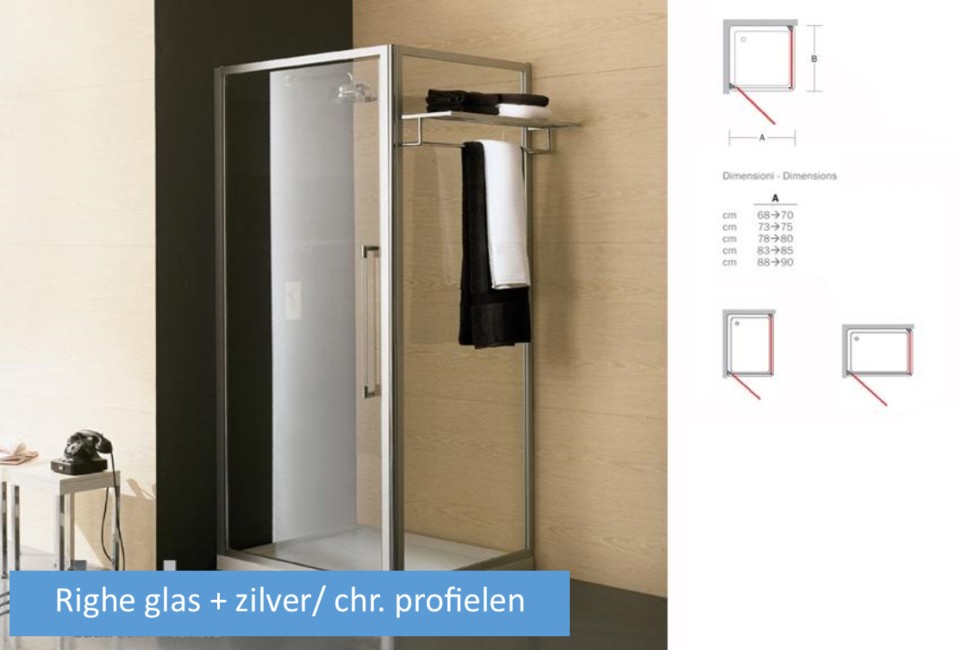 INDA TRENDY DRAAIDEUR 76*80 H 195CM OMKEERBAAR RIGHE GLAS MET ZILVER/ CHR. PROFIELEN