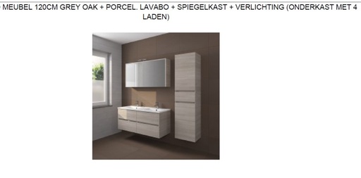 [PORTO 120 DP4 SPK] FPO120DP4DP4S16 - RIHO PORTO MEUBEL 120CM GREY OAK + PORCEL. LAVABO + SPIEGELKAST + VERLICHTING (ONDERKAST MET 4 LADEN)