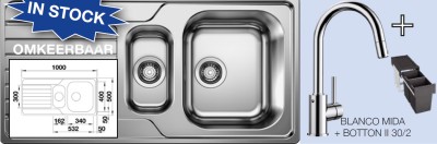 [DBI018] DBI018 - BLANCO MIDA SET 1000 X 500 1 1/2 BAKKEN OMKEERBAAR INOX + KRAAN/UITREKB FLEX + VUILBAK