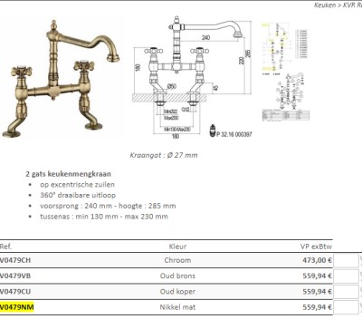 [V0479NM] V0479NM - KVR RETRO KEUKENKRAAN NIKKEL MAT MIN AANSLUITING 13-23 CM VOOR OP TABLET 